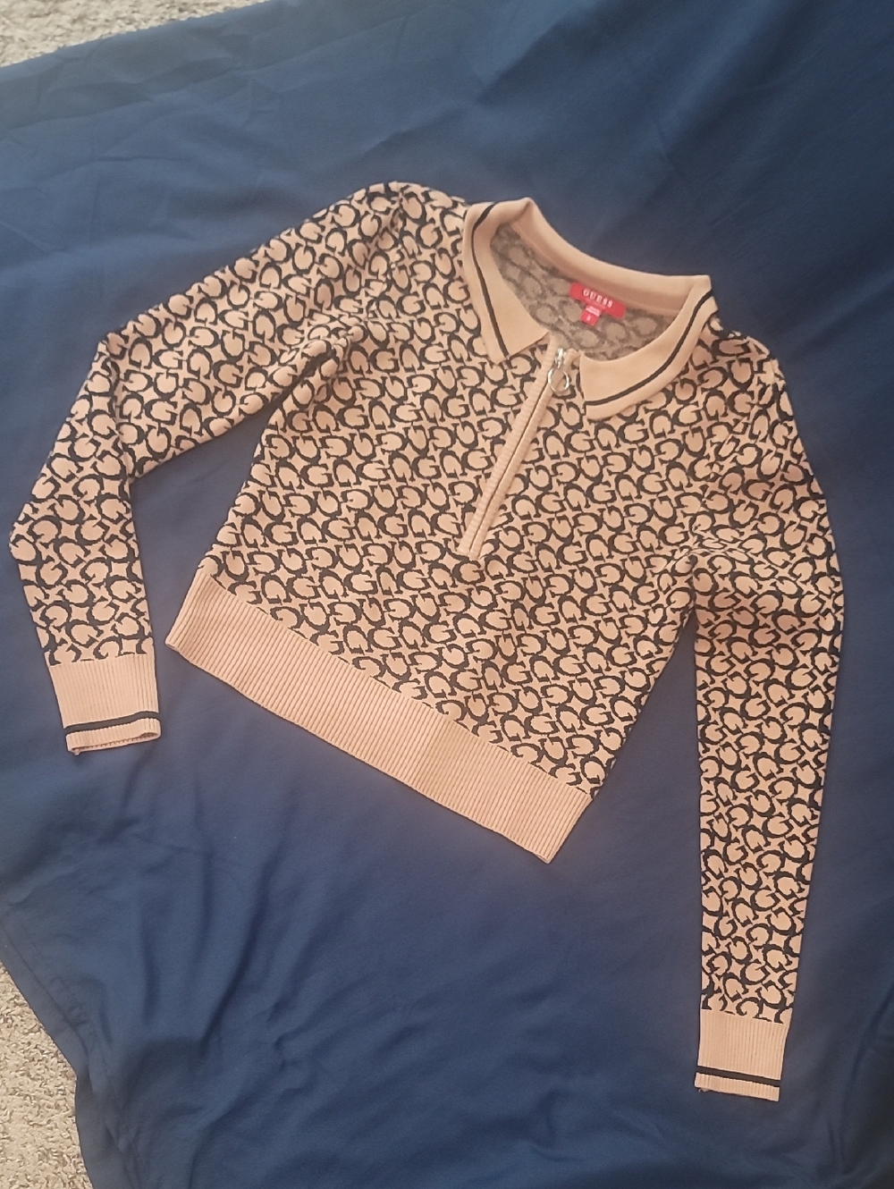 Guess Beige and Black Monogram Half-Zip Polo Sweater